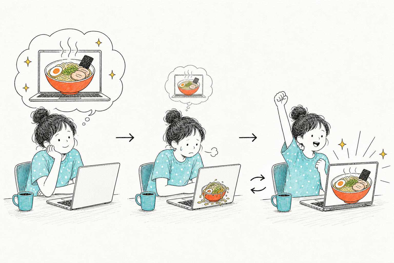 3コマの流れ: 湯気の立つラーメンのアプリを思い描く→実際の出力は麺がこぼれて歪みしょんぼり→やりとりを重ねて思い描いた通りの一杯になり大喜び