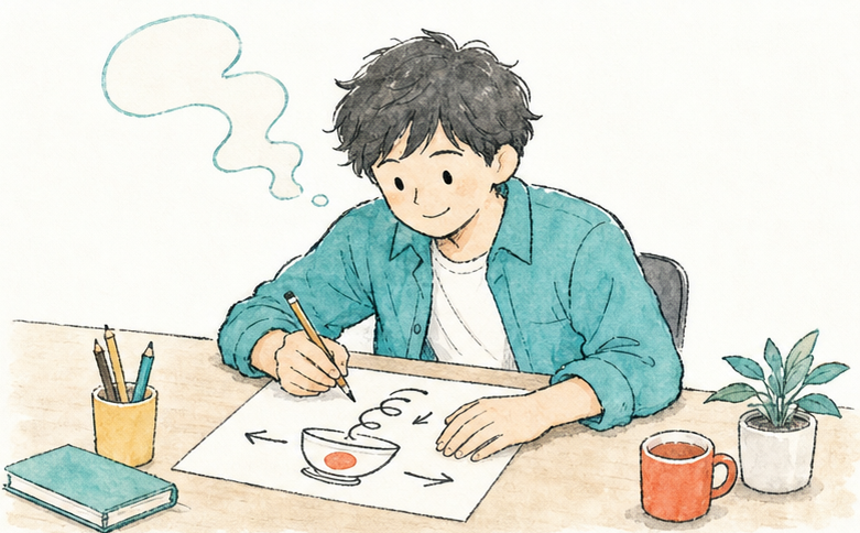 紙にアイデアの落書きと矢印を書き込んでいる