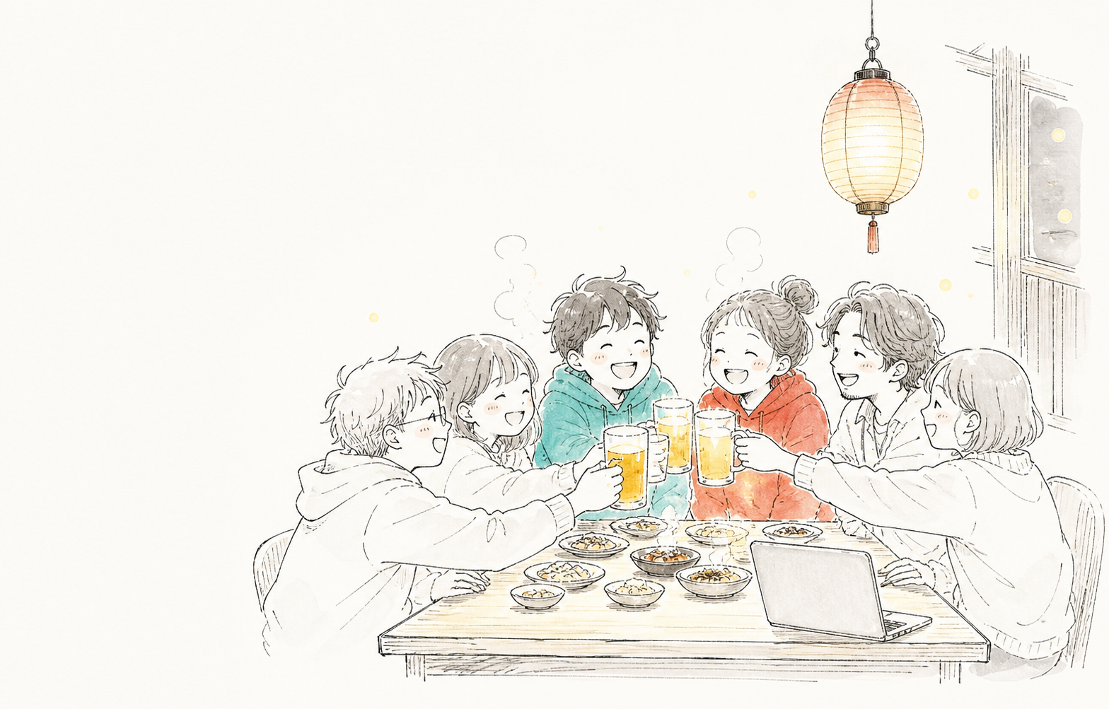 居酒屋のテーブルを囲んで乾杯している手描きイラスト
