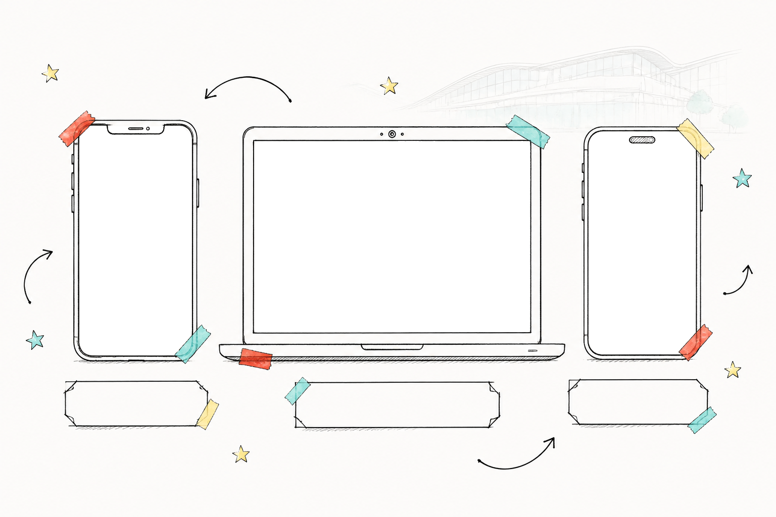 スマートフォン2台とノートPC1台を手描きしたフレーム