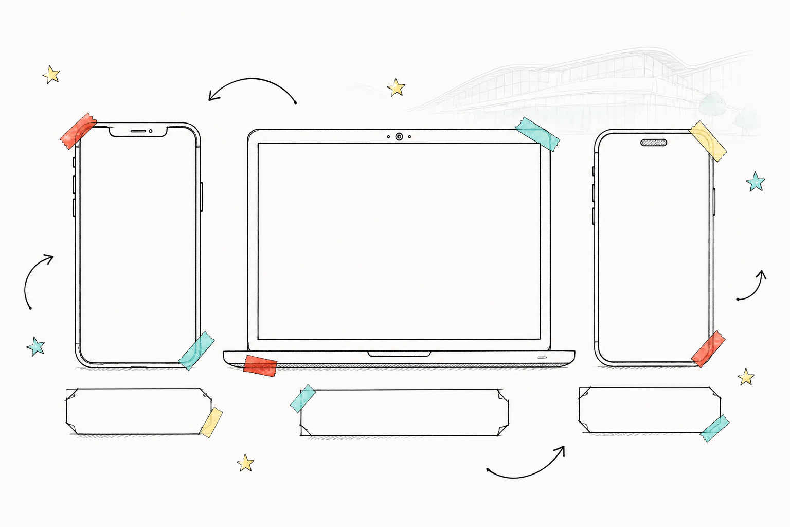 スマートフォン2台とノートPC1台の手描きフレーム。実物スクリーンショットの差し替え台紙