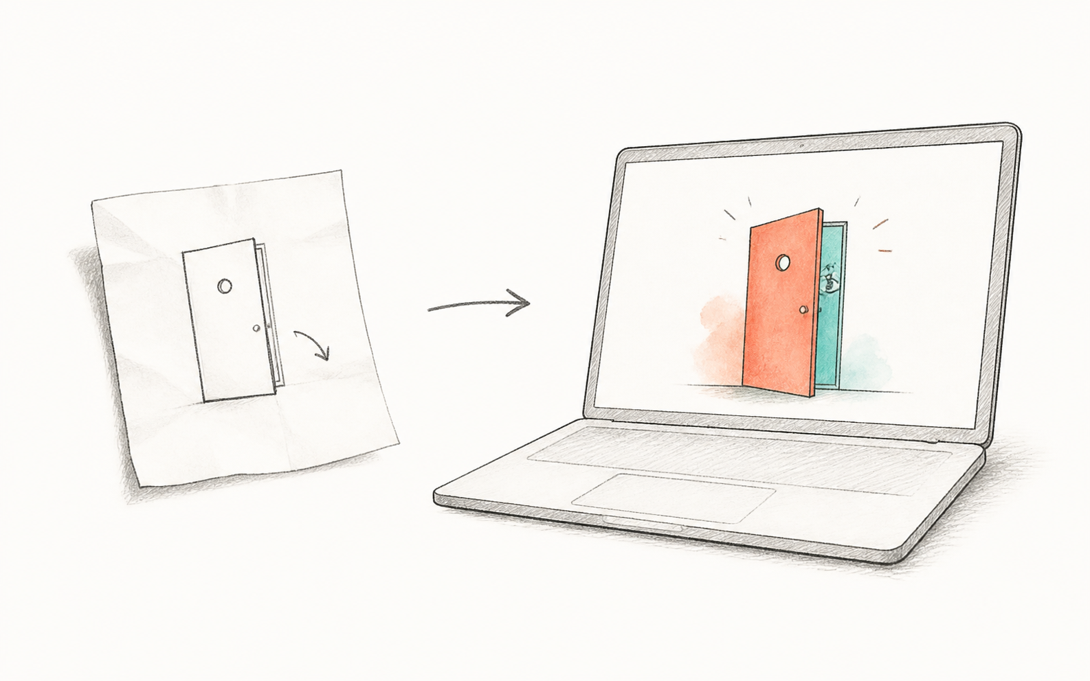 紙に描いたドアのアイデアが、ノートPC画面の中で色のついた形に具体化している